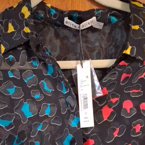 Alice + Olivia Sheer Black Blouse with Multicolor Print - Picture 4 of 11